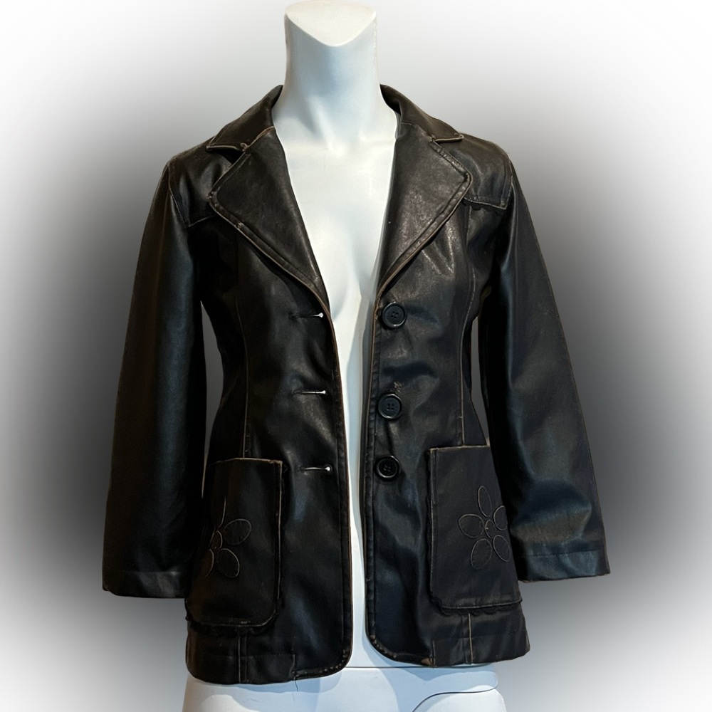 Brown Distressed Faux Leather Jacket Blazer Girls Juniors Small + Flower Pockets